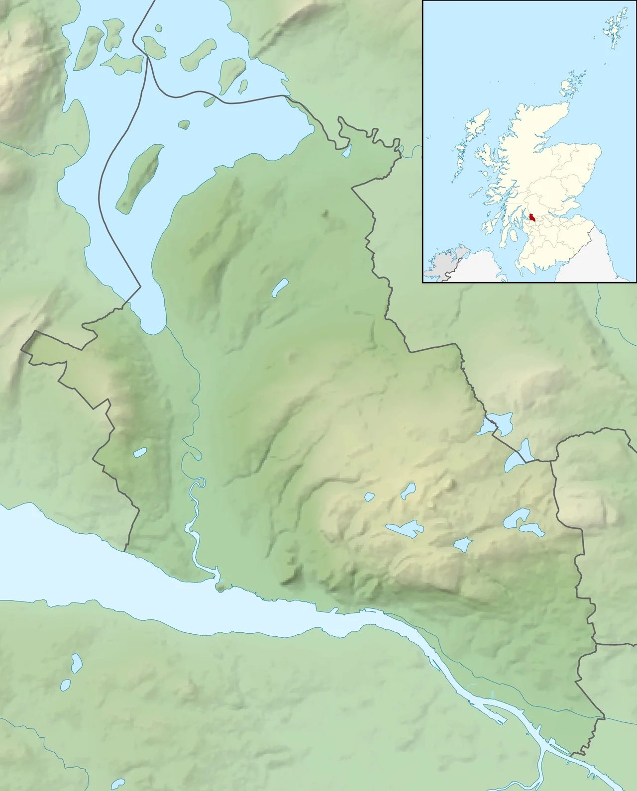 Relief map of West Dunbartonshire, UK.
Equirectangular map projection on WGS 84 datum, with N/S stretched 175%
Geographic limits:

West: 4.67W
East: 4.36W
North: 56.10N
South: 55.88N