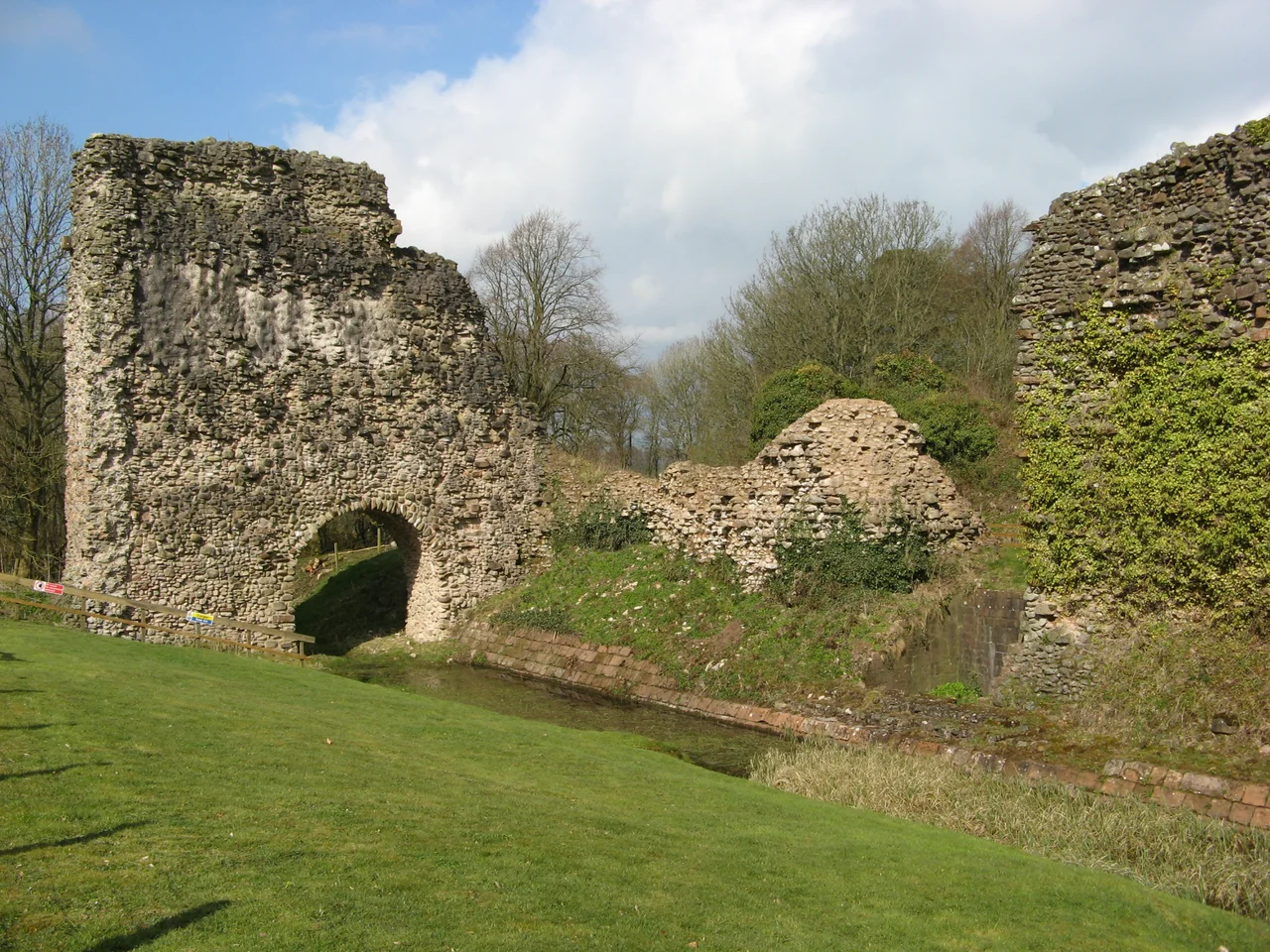 Lochmaben Castle, Dumfries and Galloway, Scotland. View from the south showing entrance, moat and drawbridge pit.