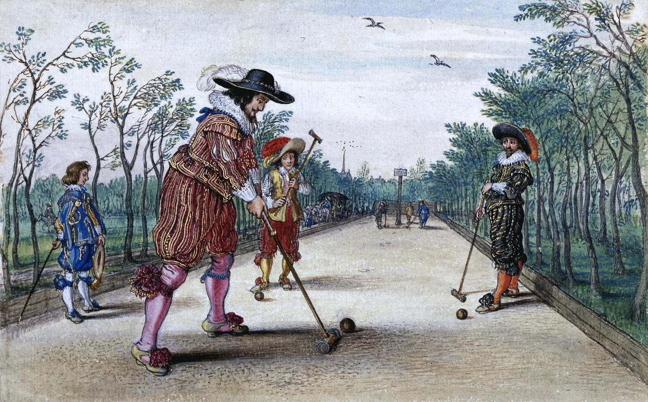A game of Pell-Mell, from an album of 102 drawings; the Winter King about to strike a ball along the alley, two boys standing nearby and the stadholder Frederik Hendrik Watercolour with bodycolour, over black chalk, heightened with silver