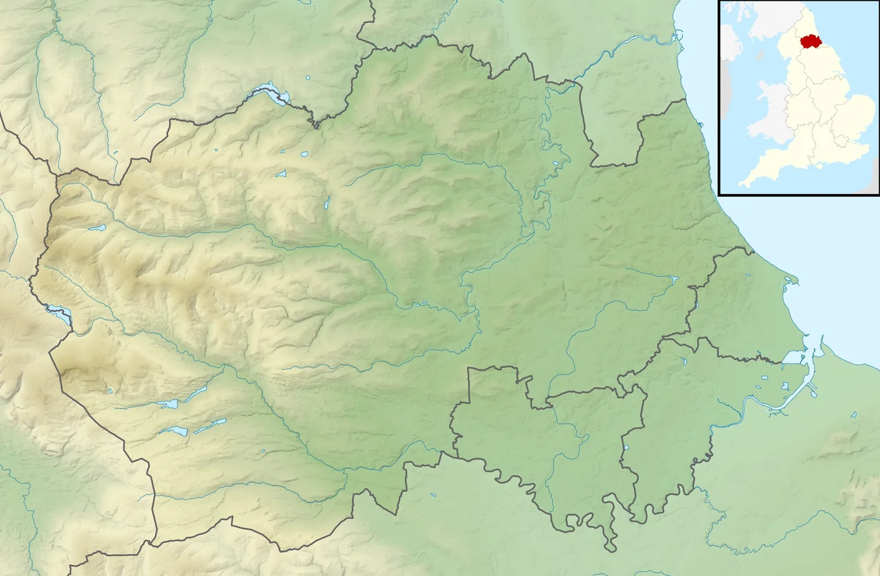 Relief map of County Durham, UK.
Equirectangular map projection on WGS 84 datum, with N/S stretched 170%
Geographic limits:

West: 2.40W
East: 1.05W
North: 54.95N
South: 54.43N