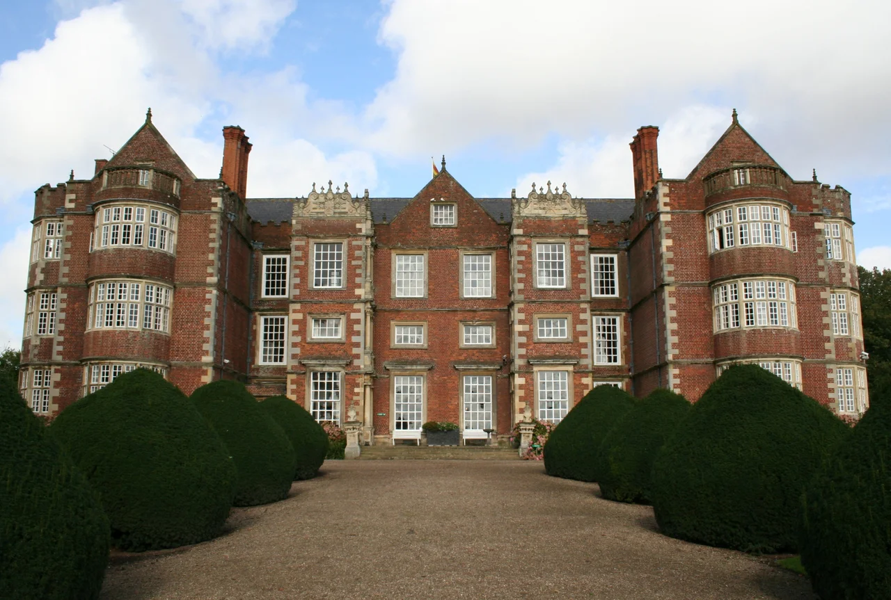 The front of Burton Agnes Hall, a Jacobean manor house in Burton Agnes, East Riding of Yorkshire, England.