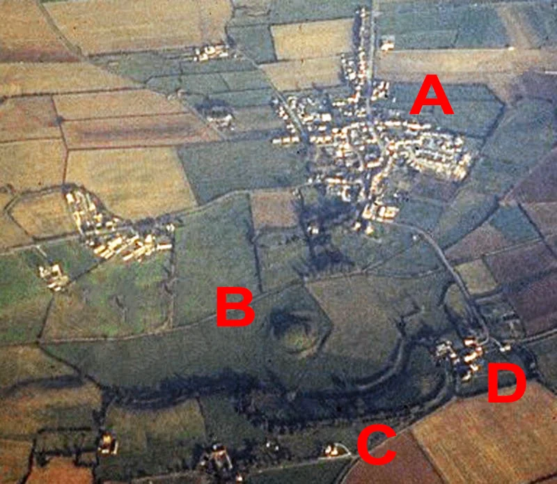 Aerial photograph, cleaned up and labelled by hchc2009.A – village of SkipseaB and C – castle motte and baileyD – Skipsea Brough