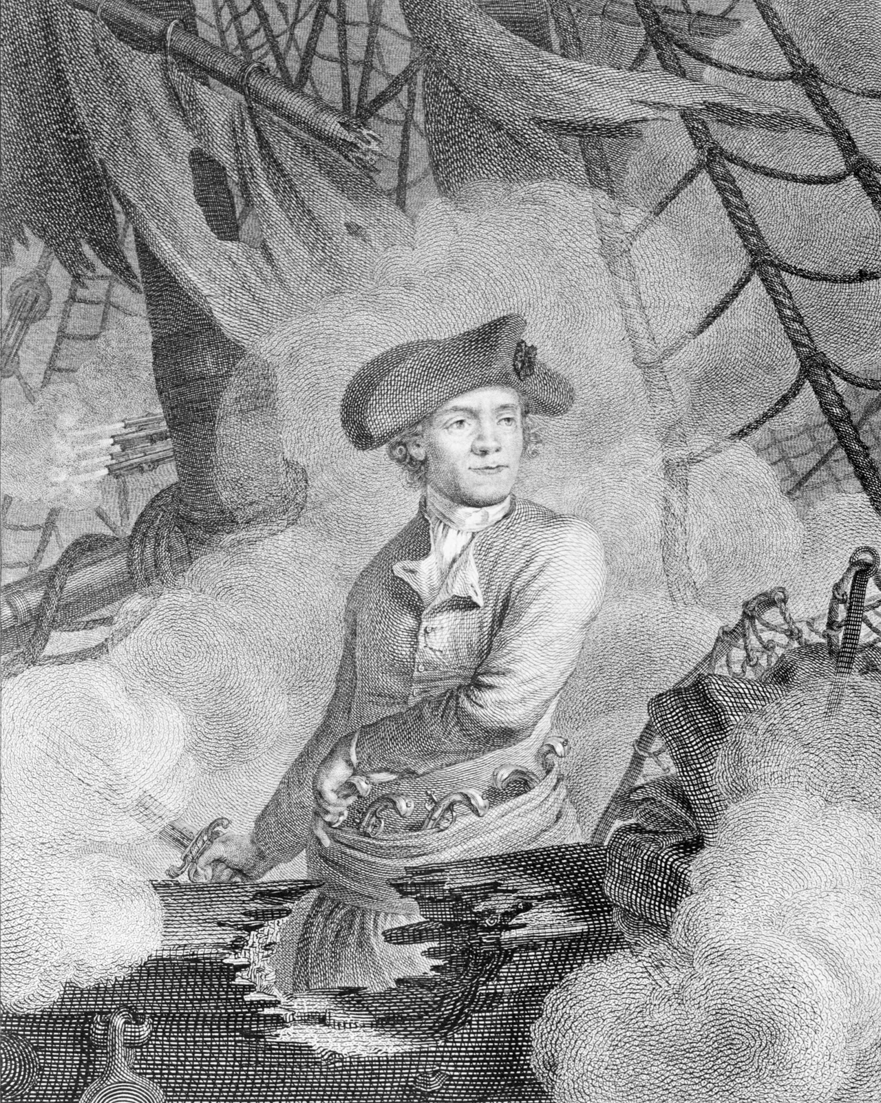 John Paul Jones, commodore au service des Etats-Unis de l'Amérique (commodore of the United States of America) 1 print : engraving.  Print shows John Paul Jones, half-length portrait, facing slightly right, standing on board ship during battle, reaching with left hand for one of several pistols at his waist, right hand holds sword.