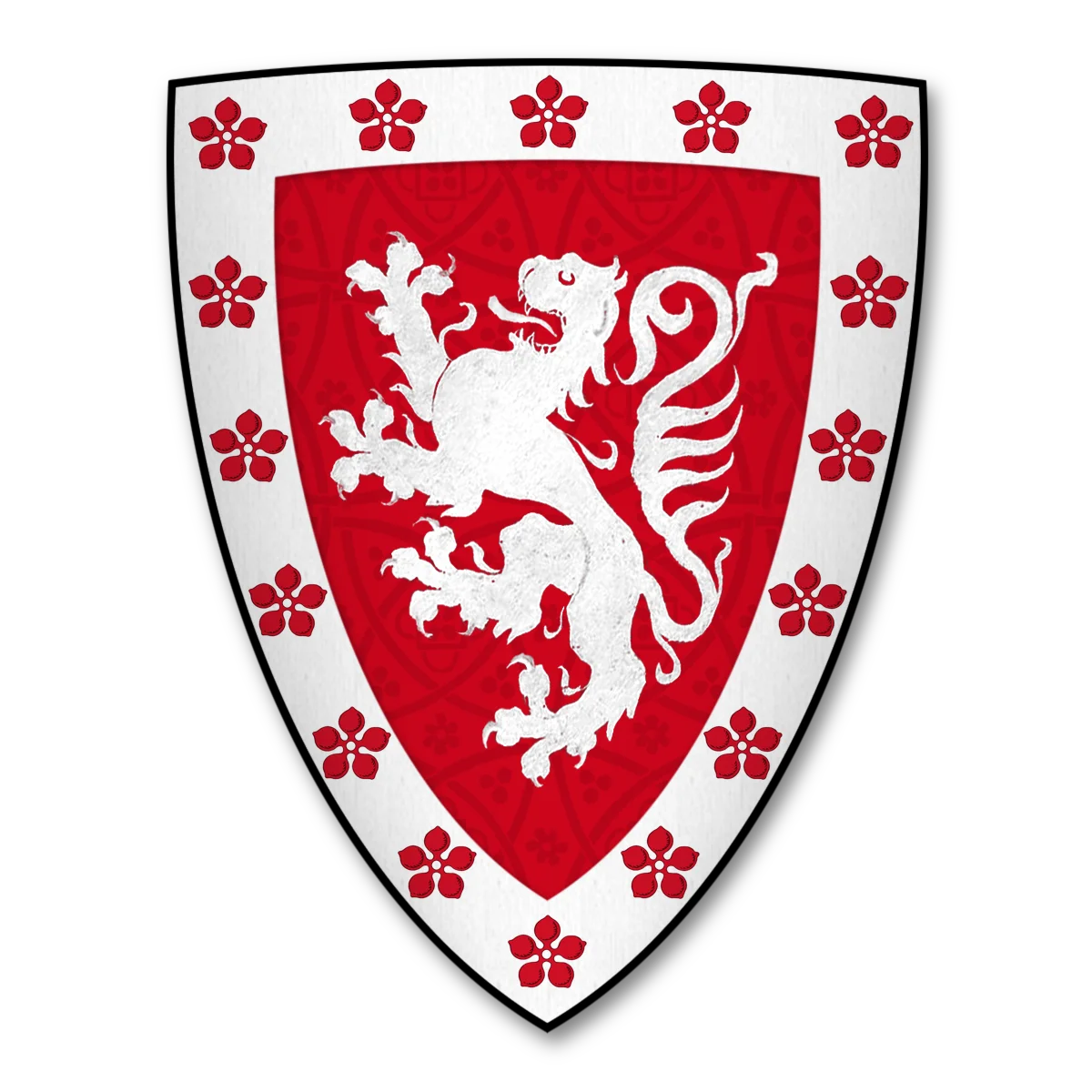 Coat of arms of Patrick de Dunbar, Earl of Dunbar, as blazoned in the Caerlaverock Poem (K-051: "Conte de Laönois")
"Rouge o un blanc lÿoun conois
E blanche en estoit le ourleüre
A roses de l'enchampeüre."
Arms: Gules, a lion rampant within a bordure argent semy of cinquefoils of the first.