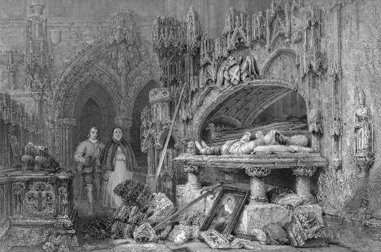 A view of the interior of the ruined Melrose Abbey, Scotland.