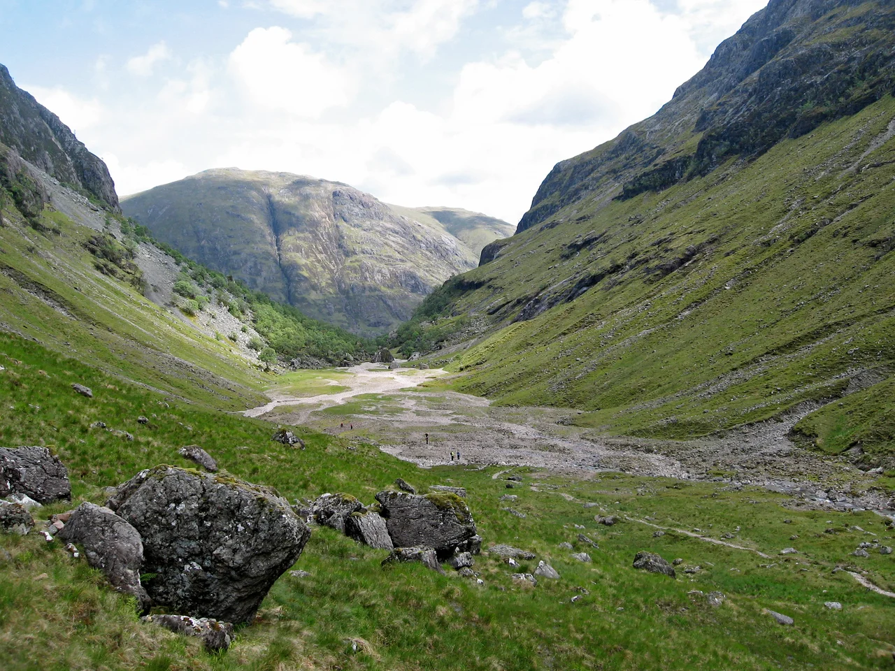 Coire Gabhail, the Lost Valley of Bidean nam Bian in Glen Coe. View north over flat part of valley to the narrow entrance to the Lost Valley, and beyond that the Aonach Eagach ridge on the other side of Glen Coe.