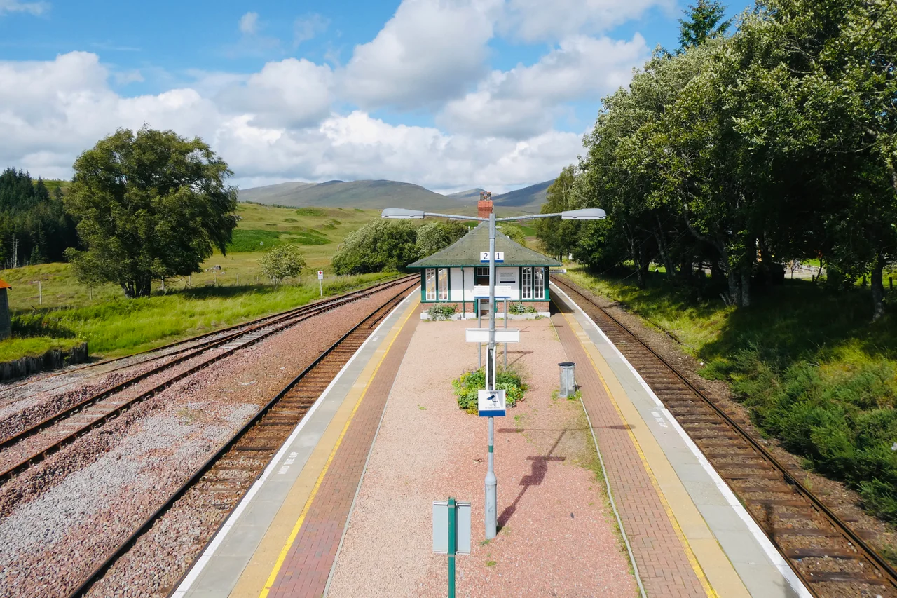 The two platforms at Rannoch station in the Scottish Highlands, looking north towards Corrour, Fort William and Mallaig