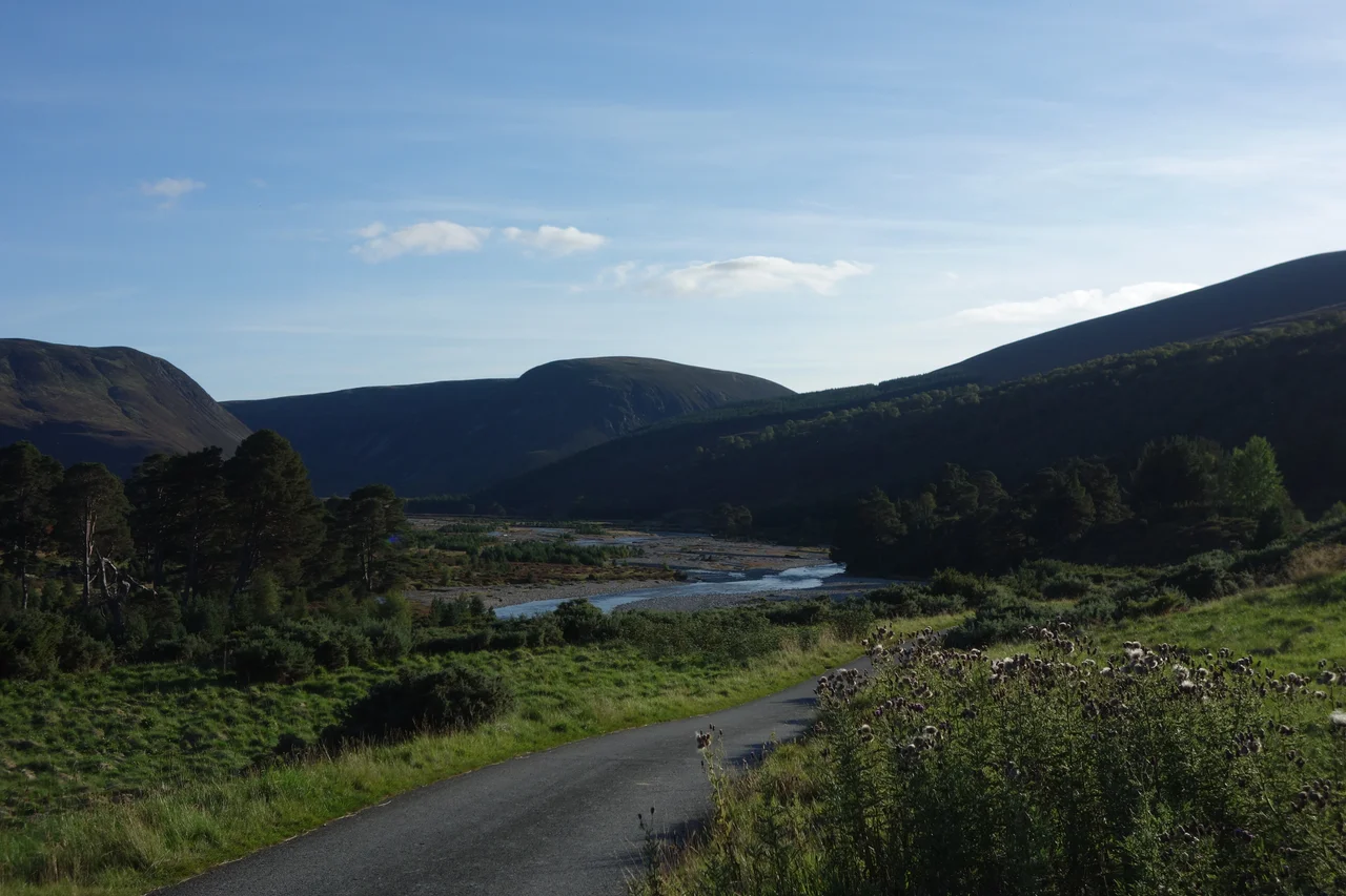 A view of Glen Feshie in the Scottish Highlands, with the River Feshie in the center