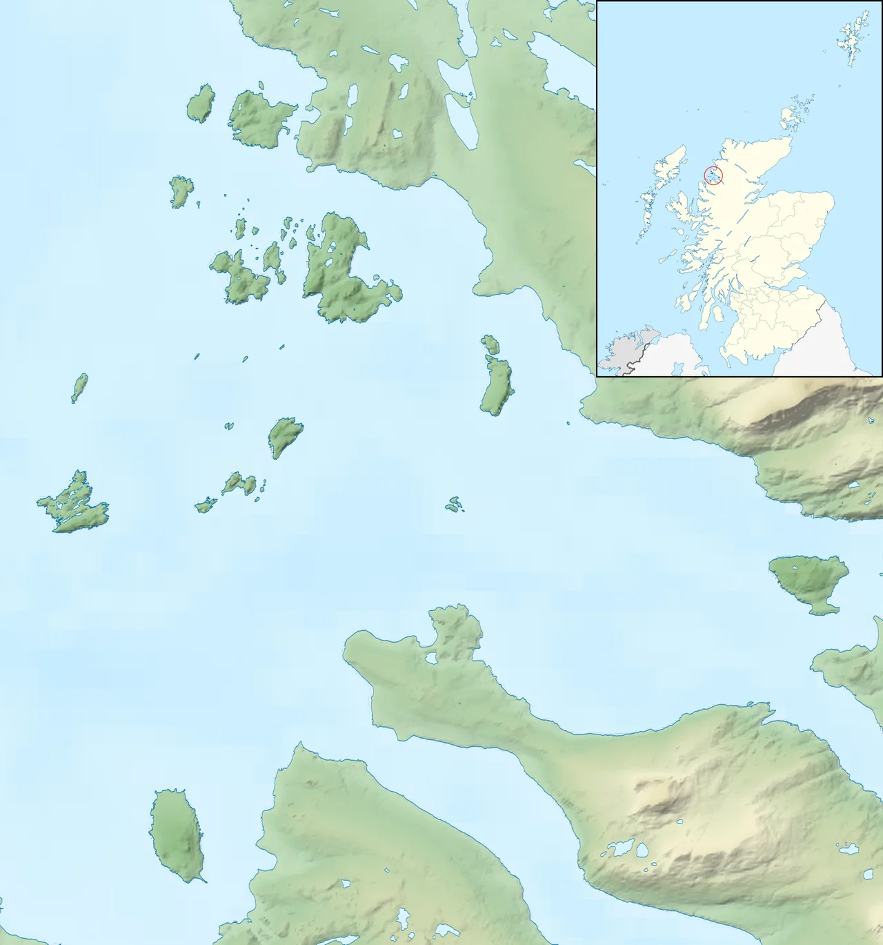 A topographic map of the islands of Loch Broom (The Summer Isles, Gruinard Island, and Isle Martin)
geographic limits:
WEST: -5.540W
EAST: -5.195W
NORTH: 58.070N
SOUTH: 57.865N