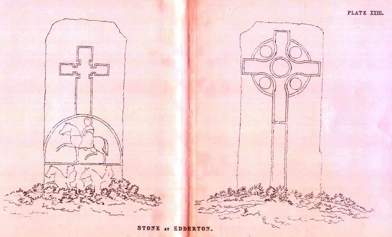 This plate is taken from "A Short Account of some Carved Stones in Ross-shire, accompanied with a series of Outline Engravings" by Charles Carter Petley and published in Archaeologia Scotica, vol IV (1857) Description. It shows the Edderton Stone, a pictish cross slab.