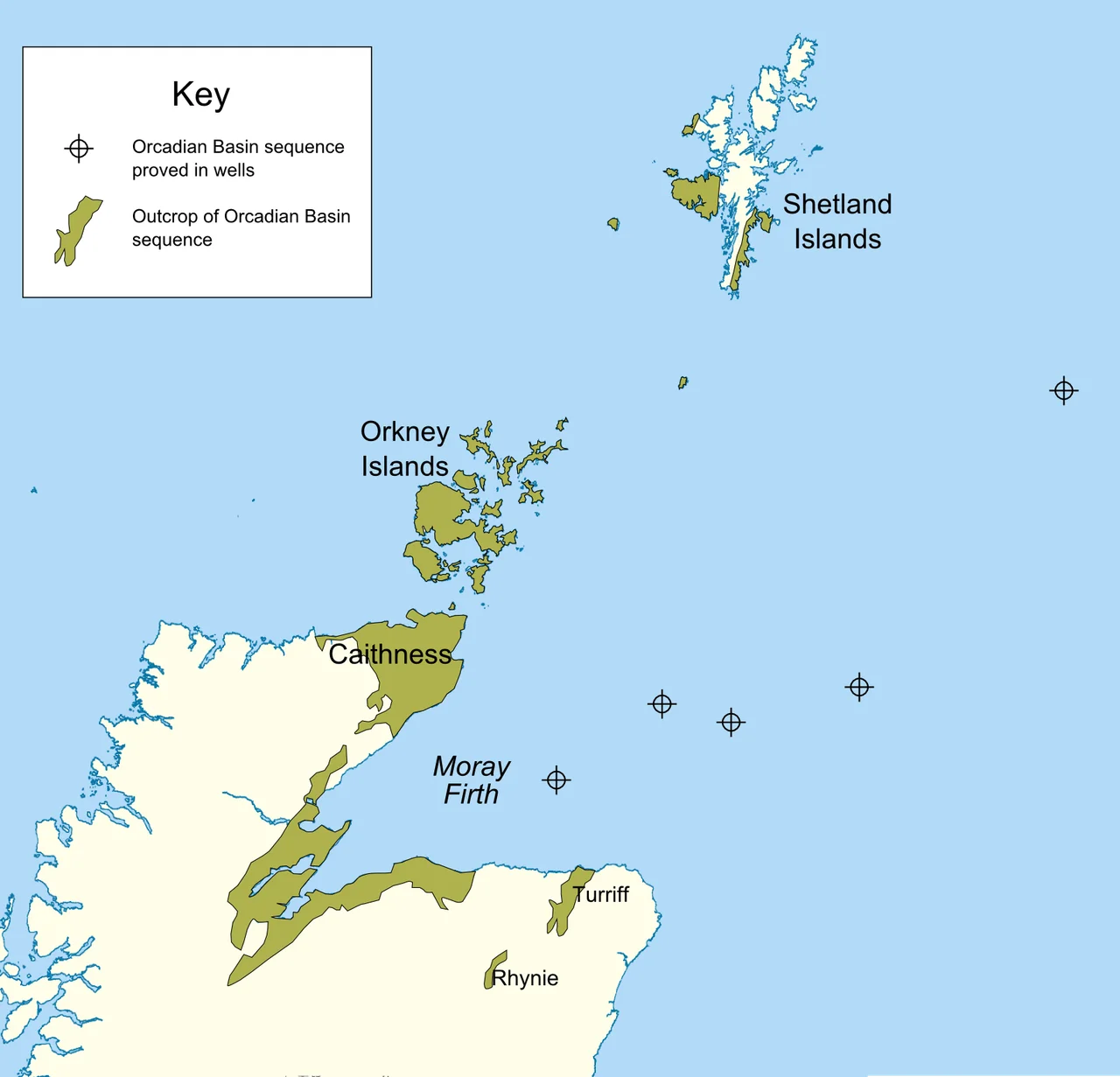 The extent of the Orcadian Basin in terms of outcrop and occurrence in offshore hydrocarbon exploration wells - modified after Norton et al. 1987 and Duncan &amp; Buxton 1995