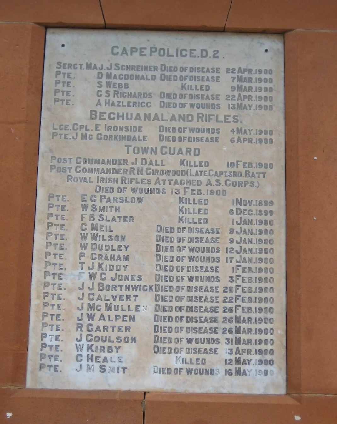 Detail of panel 2 (of 4) of Mafeking Obelisk - Bechuanaland Rifles, Town Guard, Cape Police D.2
Commemorates British soldiers who died during the Siege of Mafeking.