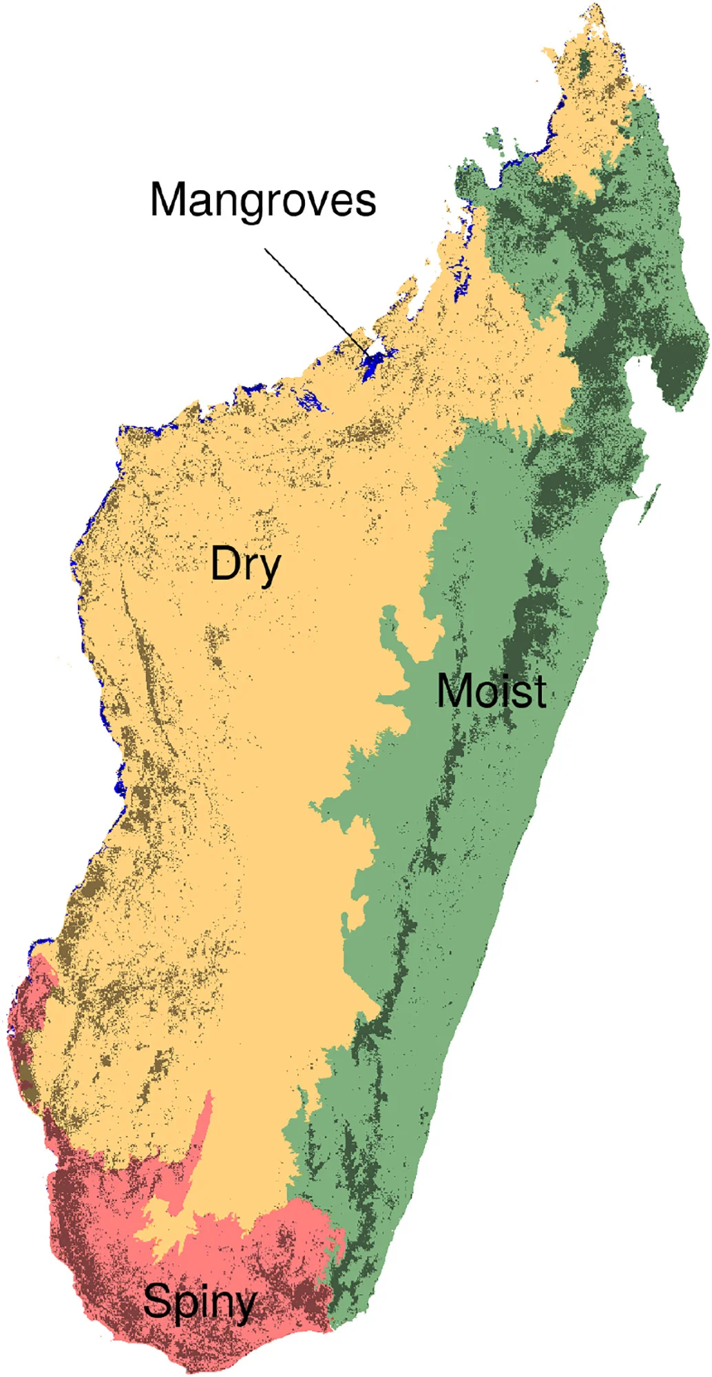Ecoregions and forest types in Madagascar
Madagascar can be divided into four climatic ecoregions with four forest types: the moist forest in the East (green), the dry forest in the West (orange), the spiny forest in the South (red), and the mangroves on the West coast (blue). Ecoregions were defined following climatic (Cornet, 1974) and vegetation (Ministère de l’Environnement, 1996) criteria. The dark grey areas represent the remaining natural forest cover for the year 2014. Forest types are defined on the basis of their belonging to one of the four ecoregions. 

Cornet A. (1974) "Essai De Cartographie Bioclimatique à Madagascar", Tech. Rep, Orstom.
Ministère de l’Environnement  (1996) "IEFN: Inventaire Ecologique Forestier National",
Tech. Rep., Ministère De l’Environnement De Madagascar, Direction Des Eaux Et Forêts, DFS Deutsch Forest Service GmbH, Entreprise d’études de développement rural “Mamokatra”, FTM