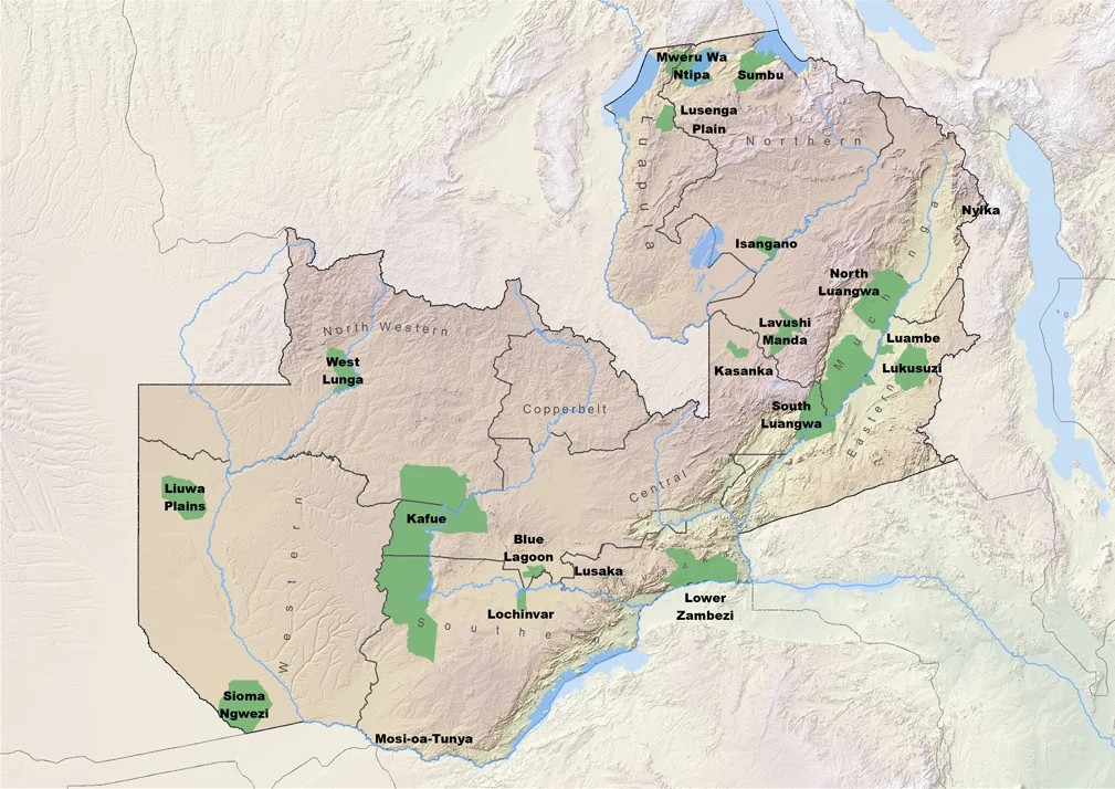 Map showing the twenty national parks of Zambia