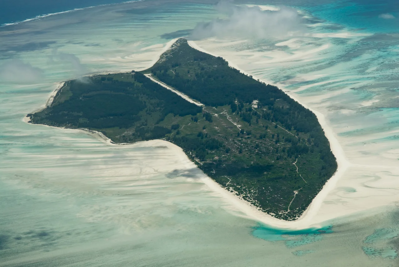 Aerial view of   Juan de Nova island in Indian Ocean belonging to Scattered islands, within the territory of the France.