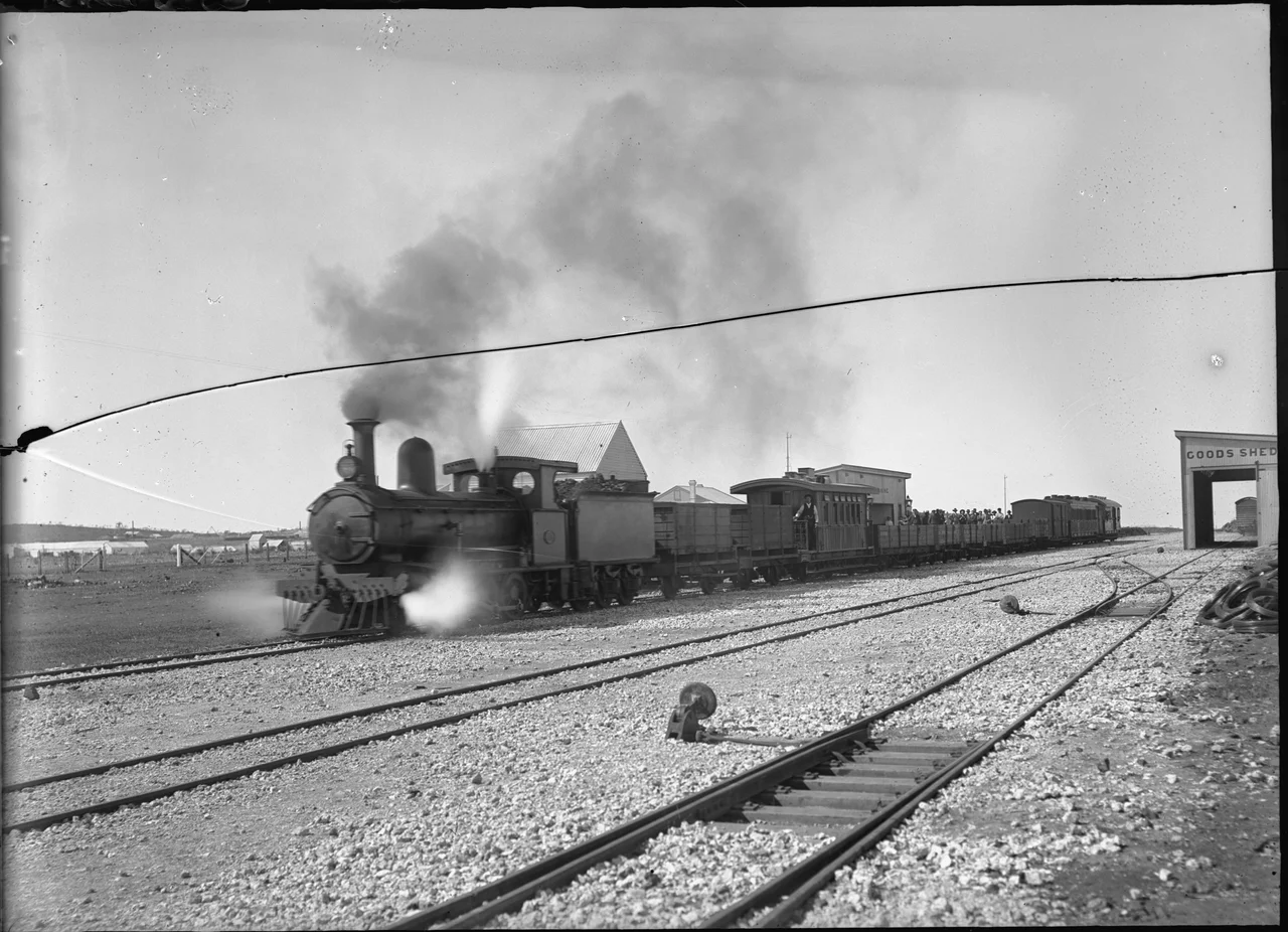 Steam train at Nannine railway station, Western Australia, on the Mullewa–Meekatharra railway