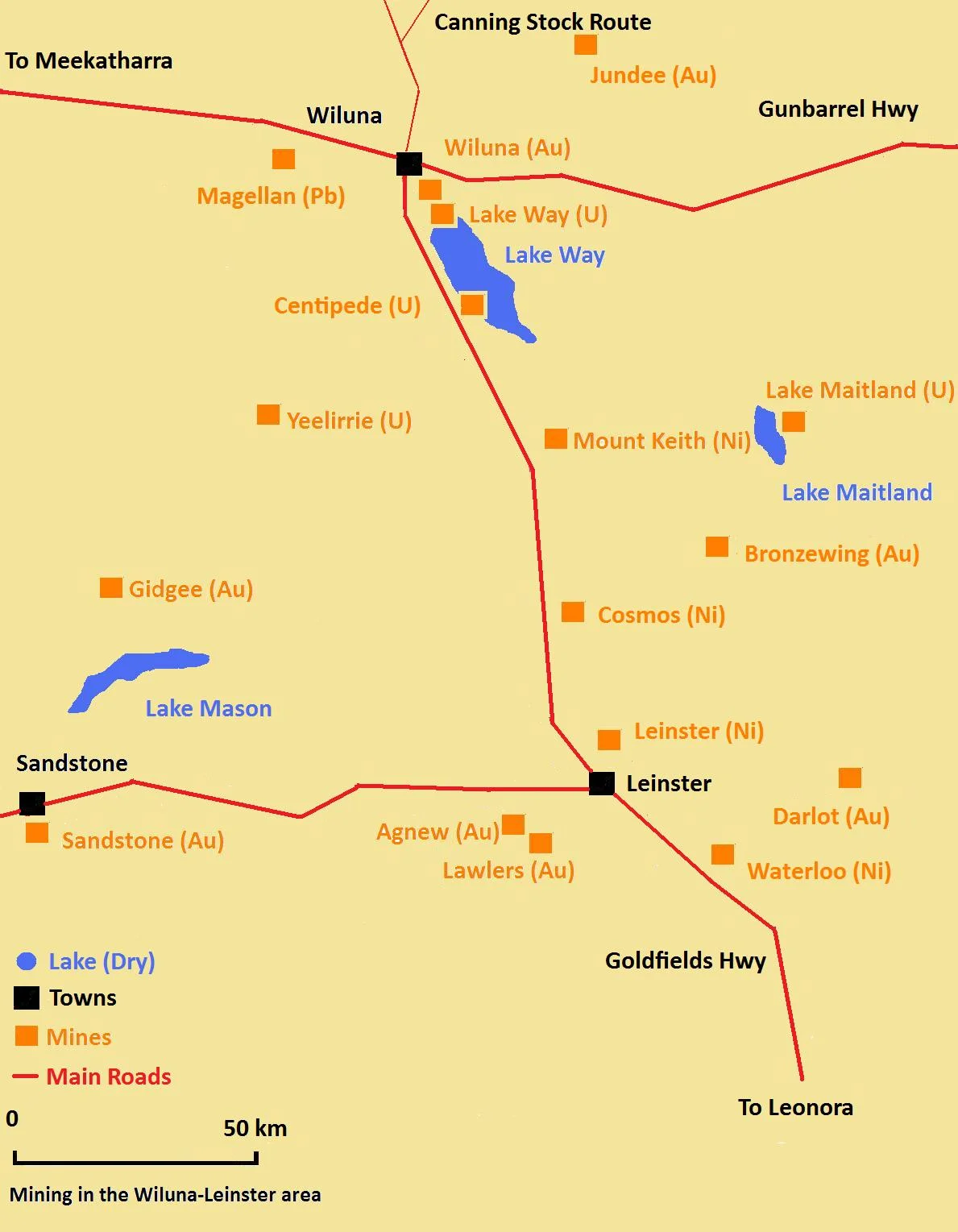 Map of mines in the Wiluna-Leinster area of Western Australia.