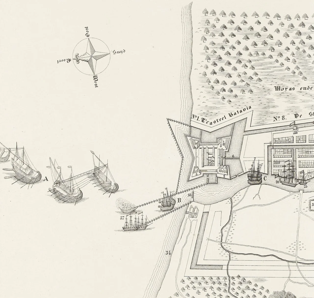 A cropped image showing Javanese fleet at the 1628 siege of Batavia. Original artwork was named Belegering van Batavia door de koning van Java, 1628.