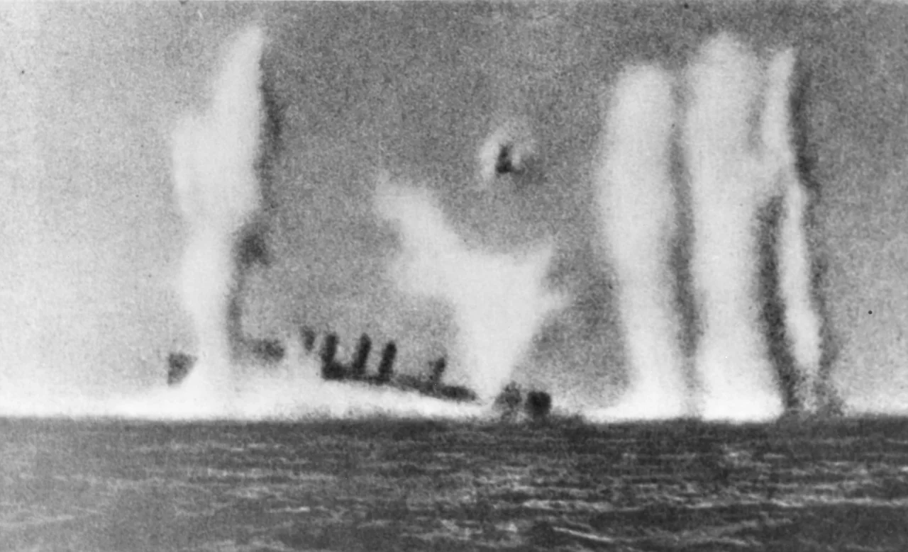 The U.S. Navy Clemson-class destroyer USS Edsall (DD-219) (misidentified as "HMS Pope") being sunk on 1 March 1942 south of Java. Imperial Japanese Navy warships, including battleships Kirishima and Hiei, resumed firing on the immobilized Edsall near Java on 1 March 1942 after the destroyer has been heavily damaged by carrier dive bombers. The destroyer sank moments later. A Japanese camera-man, probably on the cruiser Tone, filmed about 90 seconds of her destruction. A single frame from a film recorded from the deck of IJN cruise Tone was used as a propaganda photo later, misidentified as "the British destroyer HMS Pope". There was no HMS Pope. A USS Pope (DD-225) was sunk by air attack in the Second Battle of the Java Sea that same day but hundreds of miles away.