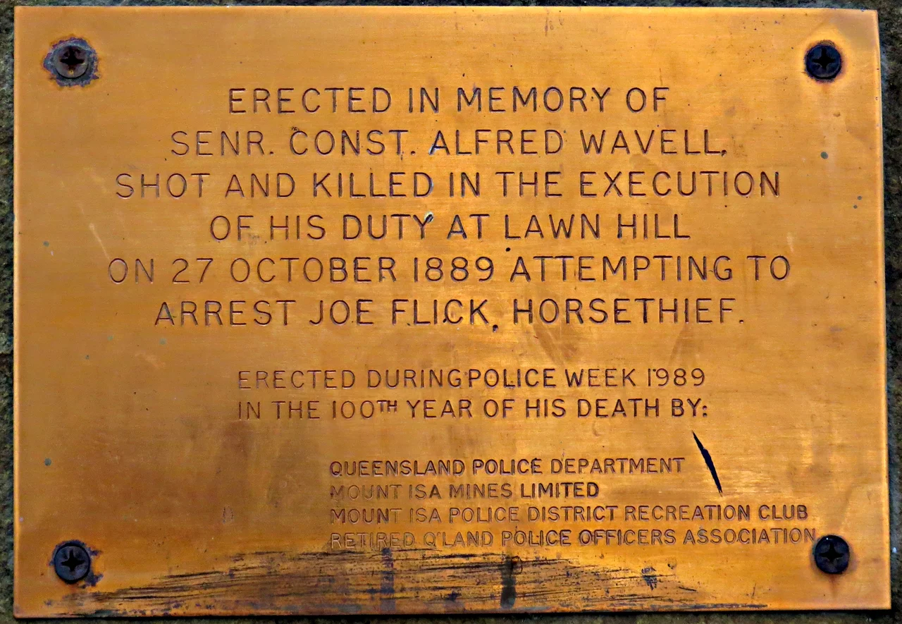 Memorial plaque honouring Senior Constable Alfred Wavell, killed in the line of duty at Lawn Hill (now Boodjamulla National Park), Queensland, Australia.