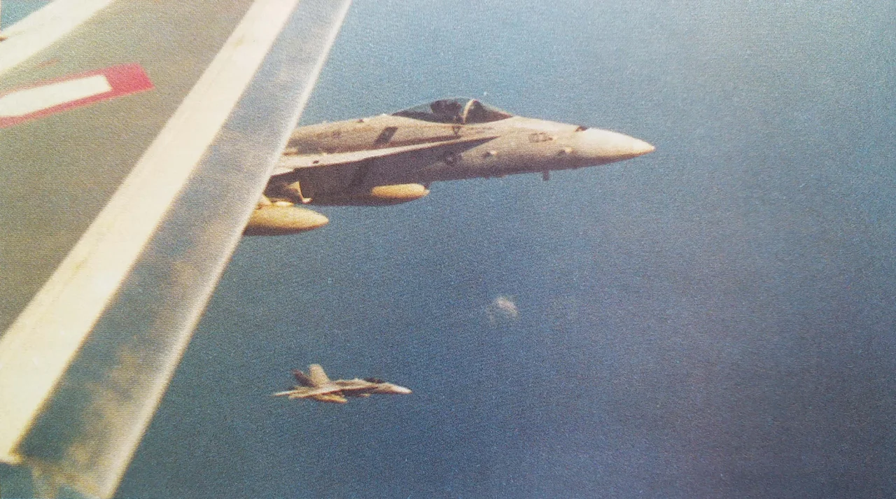 Two F/A-18C Hornet aircraft of VFA-22 from aircraft carrier USS Carl Vinson (CVN-70), photographed from a Boeing 737-200 aircraft of the 5th Air Squadron of Indonesian Air Force, a day after the 2003 Bawean Incident.