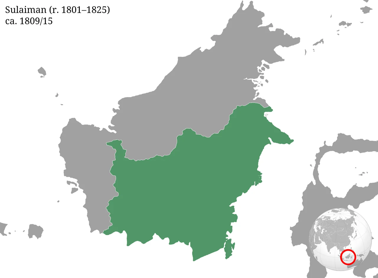 Wilayah kesultanan Banjar setelah Perjanjian Karang Intan ke-1 dan ke-2. Masa pemerintahan Sultan Sulayman (r. 1801–1825). Peta memproyeksikan Kesultanan pada ca. 1809–1815.