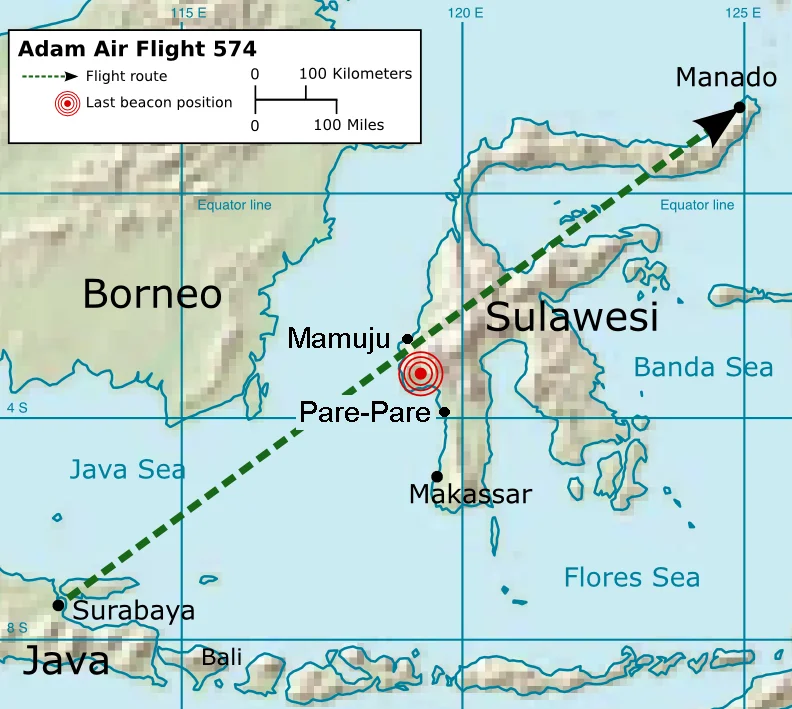 Adam Air Flight 574 flight route and its last beacon position before it was disappeared from the radar screen.
