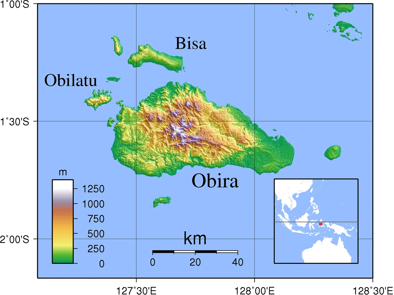 Topographic map of Obi Islands, Indonesia. Created with GMT from SRTM data