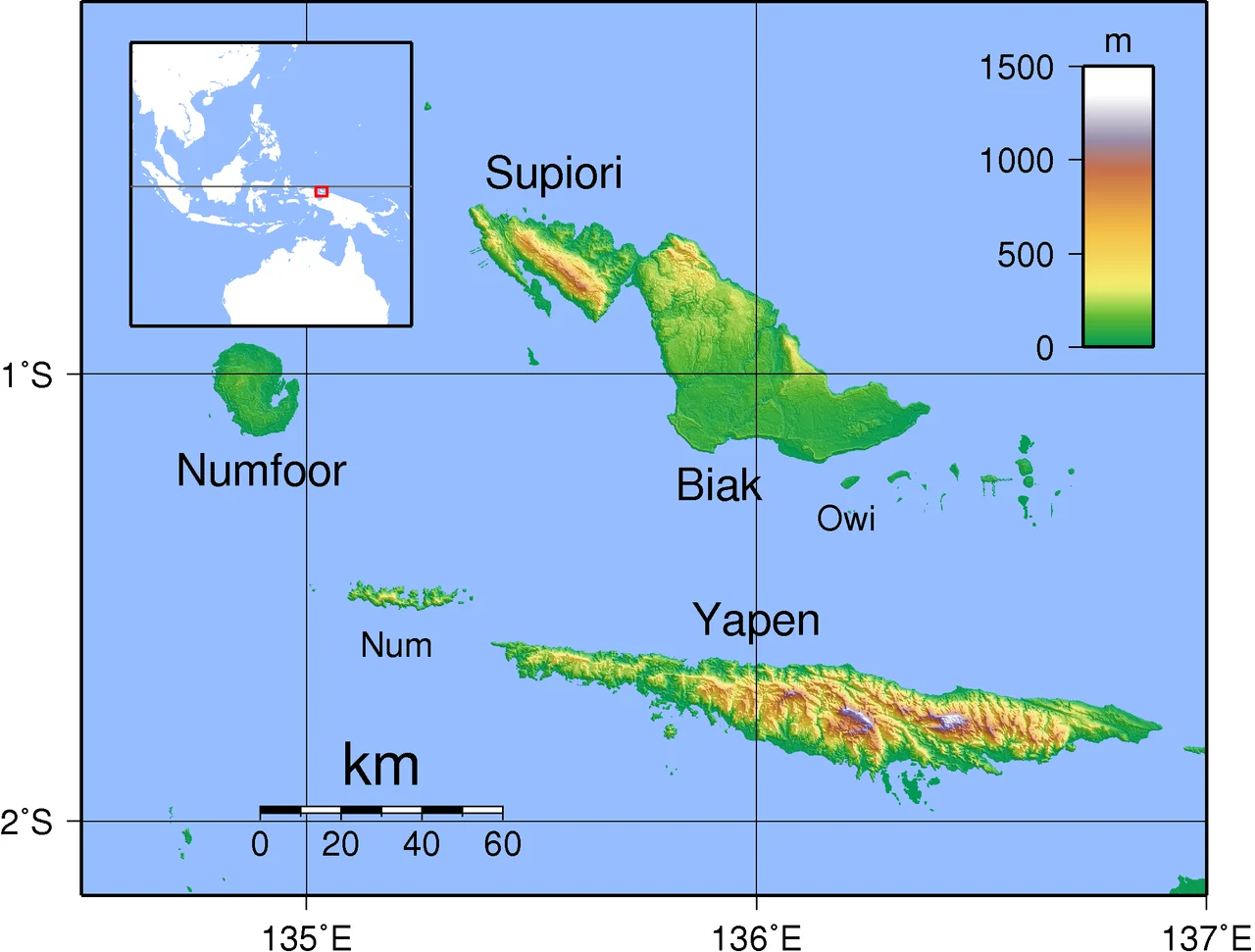 Topographical map of Schouten Islands in Indonesia. Created with GMT from
publicly released SRTM data.
