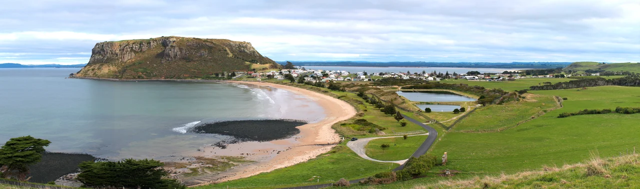 View of landmark the Nut and the town of Stanley in North West Tasmania, taken from Highfield House.