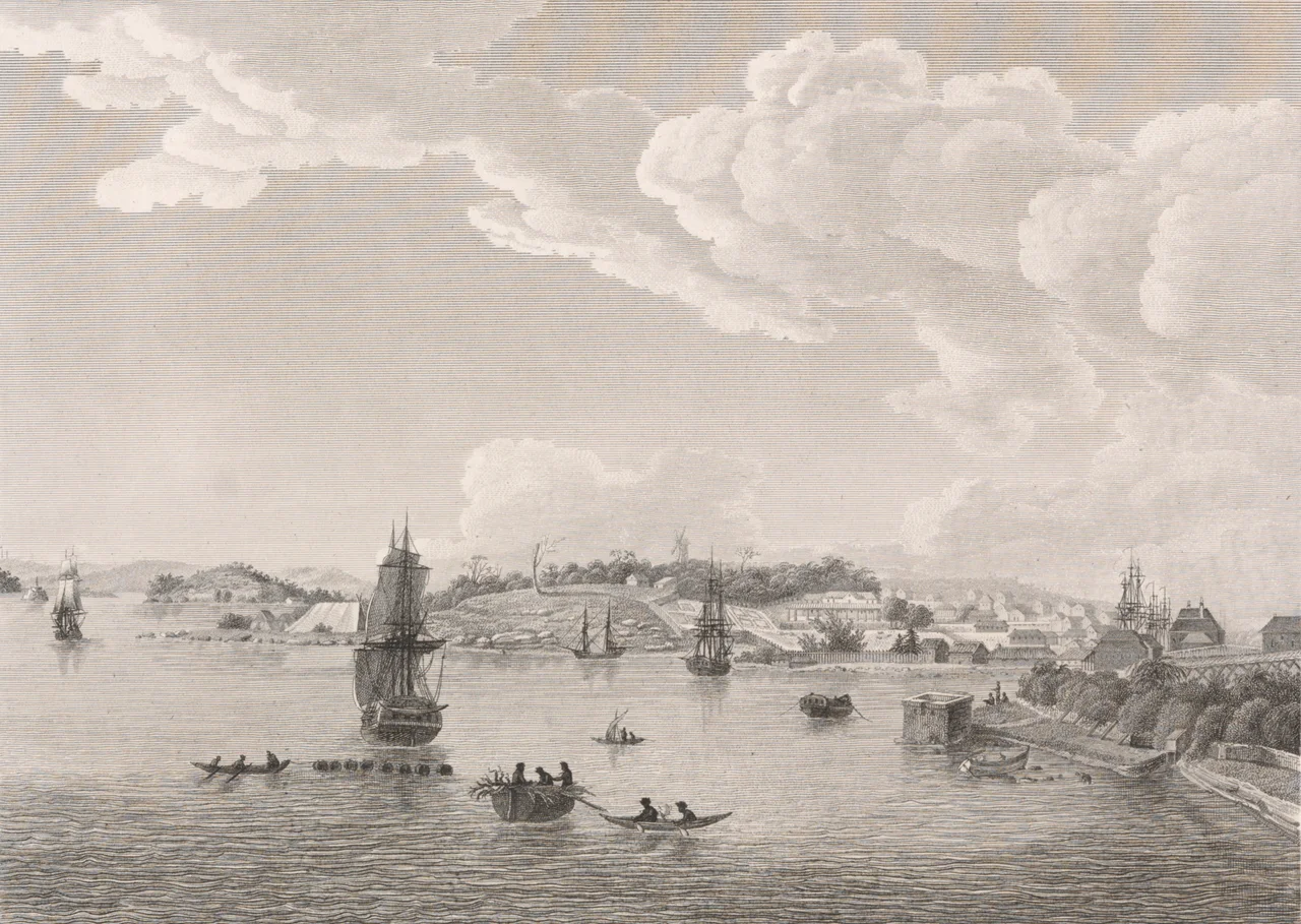 Sydney c.1802, engraving based on work by Charles Alexandre Lesueur, printed by de Jacques Langlois for Voyage of Discovery to the Southern Lands published by François Péron in 1807 and subsequently completed and corrected by de Freycinet. From left to right this engraving depicts the following structures of early Sydney: Pinchgut (later to be developed as Fort Denison), Garden Island, Baudin's camp (tents shown to the left of the sailing ship; Baudin camped in Sydney in 1802), Boston's Mill (on the hill, centre of image), Government House (a grand structure), Campbell's Warehouse (square building on point in foreground), Campbell's house (Campbell was the main merchant of Sydney), and Nicholas Bayly's house (Bayly was a member of the NSW Corp and received land grants here). Charles-Alexandre Lesueur was an artist on board Nicolas Baudin's scientific expedition in 1800-1804.From left to right this engraving depicts the following structures of early Sydney: Pinchgut (later to be developed as Fort Denison), Garden Island, Baudin's camp (tents shown to the left of the sailing ship; Baudin camped in Sydney in 1802), Boston's Mill (on the hill, centre of image), Government House (a grand structure), Campbell's Warehouse (square building on point in foreground), Campbell's house (Campbell was the main merchant of Sydney), and Nicholas Bayly's house (Bayly was a member of the NSW Corp and received land grants here). Charles-Alexandre Lesueur was an artist on board Nicolas Baudin's scientific expedition in 1800-1804. 
Paris : De l'Imprimerie Impériale,1807-1817

State Library of New South Wales, RB/DQ990A/71* , Q81/22 , Q81/13 , RB/EQ919/PER , F81/11 , MAV/FM4/10764 , Q81/11 , RB/F990A/19 , MAV/FM4/10842 , RB/DQ990A/74 , Q81/12 , MRB/Q980/P , DSM/X980/1 , RB/DQ990A/73 , RB/DQ990A/72* , RB/DQ990A/72 , MRB/X1 , Q980/P , MRB/Q3 , MRB/Q2 , MRB/Q4 , X980/P , F980/P , RB/DQ990A/71 , MRB/Q5 , MRB/F18 , MRB/F980/