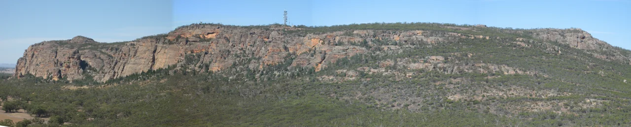 Panorama of Mount Arapiles taken from Mitre Rock.  Visible are the Pharos and the Watchtower, among others.
