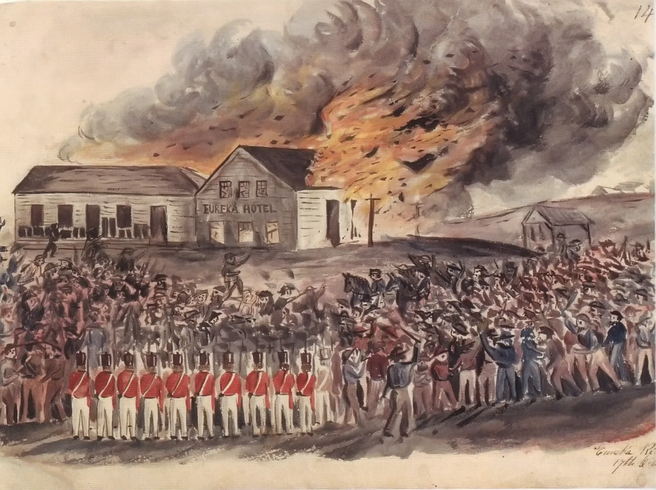 The burning of Bentley's hotel in the Eureka Rebellion.