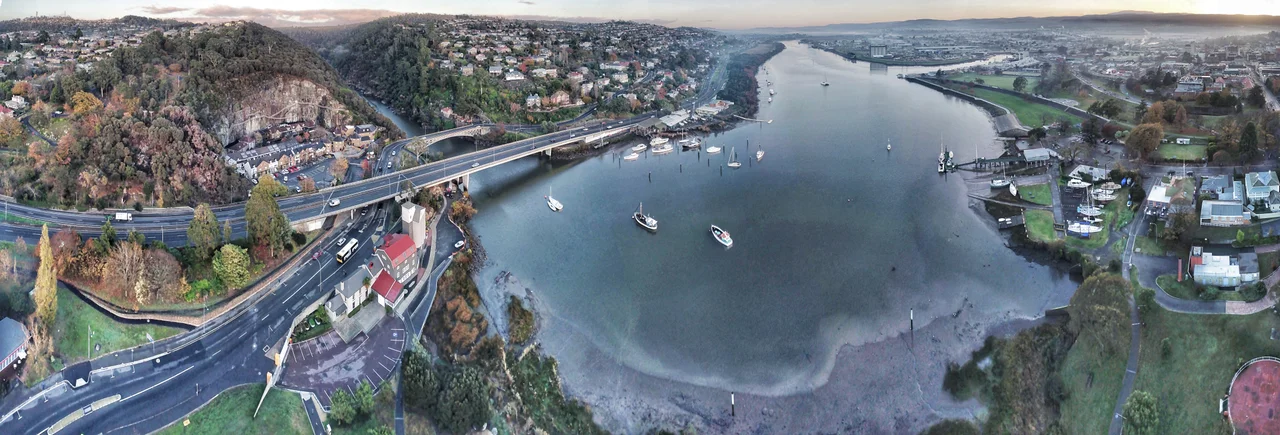 Aerial perspective of Cataract Gorge and the Tamar River