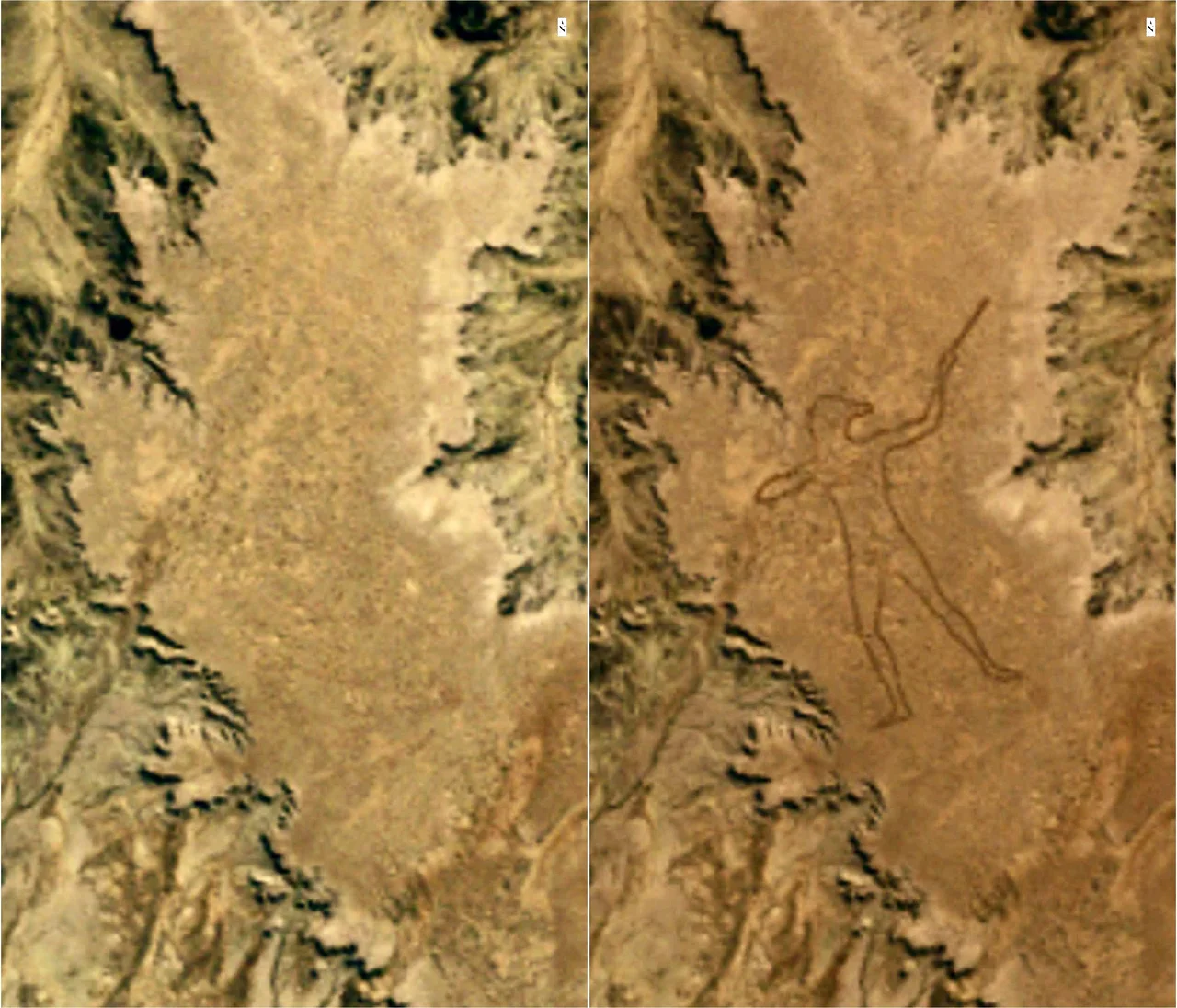Comparison of two satellite images from USGS/NASA's Landsat-5 satellite over the site of the Marree Man geoglyph in outback South Australia. The image on the left, taken on 27 May 1998, shows the desert area untouched. The image on the right, taken on 12 June 1998 over the same area, shows the completed 3.5-kilometre (2.2-mile) long Marree Man.