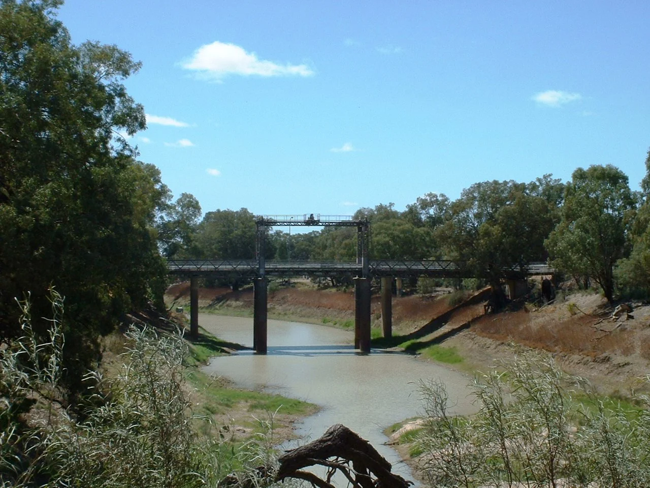 The bridge over the Darling River at Wilcannia, New South Wales, viewed from downriver.