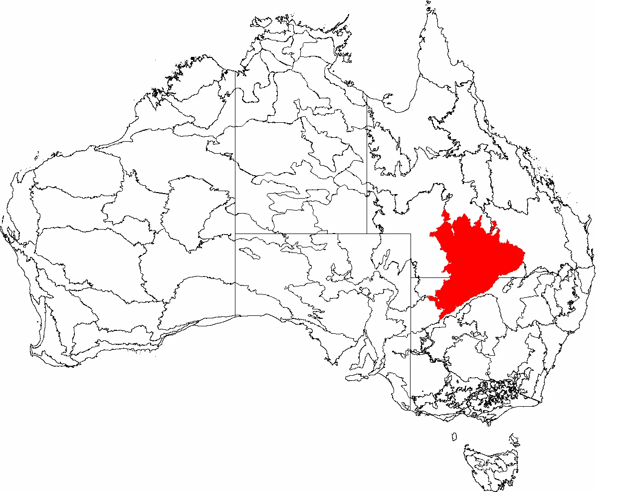 This is a map of the Interim Biogeographic Regionalisation of Australia (IBRA), with state boundaries overlaid. The Mulga Lands region is shown in red.