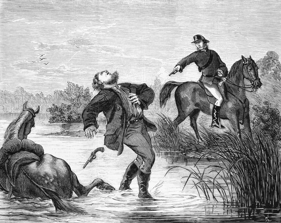 Death of Australian bushranger Captain Thunderbolt, wood engraving,  23.3 x 33.0 cm.