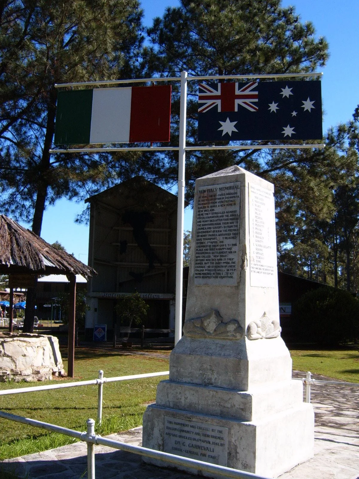 Memorial at New Italy, New South Wales, Australia. Erected 8 April 1961, Dr G. Carnevali, Consul-General for Italy. See Italian Australians#The Early Stage
Family names listed on monument (number indicates number of families; E indicates membership of New Ireland expedition):

Antonioli (2) E
Batistuzzi E
Bazzo E
Bertoli (2) E
Buoro E
Gaminiti E
Gapelin E
Fava
Feligietti
Flatley
Flett
Gava (2) E
Guariscin
Marozin
Martinuzzi E
Mazzer E
Mellare (2) E
Morandi
Morandini E
Nardi
Nicola
Palis
Pedrini
Pellizer E
Pezzuti (2) E
Piggoli (2) E
Roder (5) E
Rosolen (3) E
Sanotti
Scarrabelotti E
Serone
Spinaze (3) E
Tedesco
Tome E