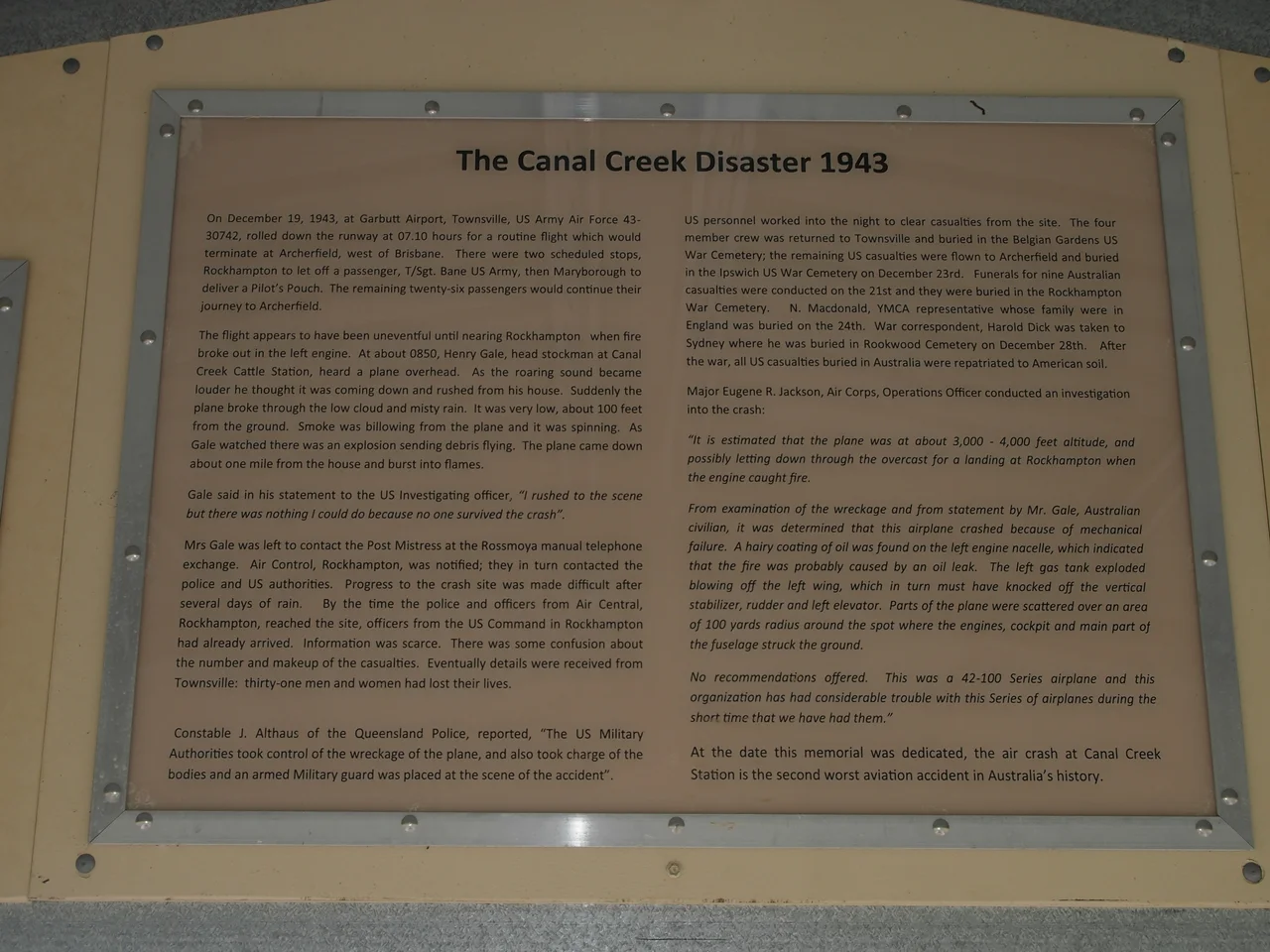 Canal Creek war memorial description