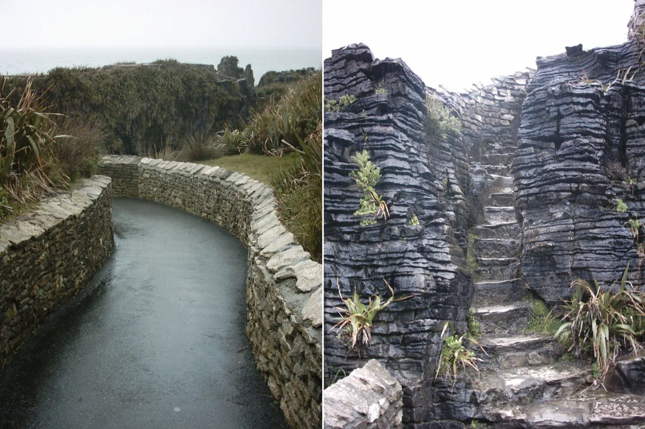 Collage of some of the walkways through the pancake rocks area in the West Coast of New Zealand.