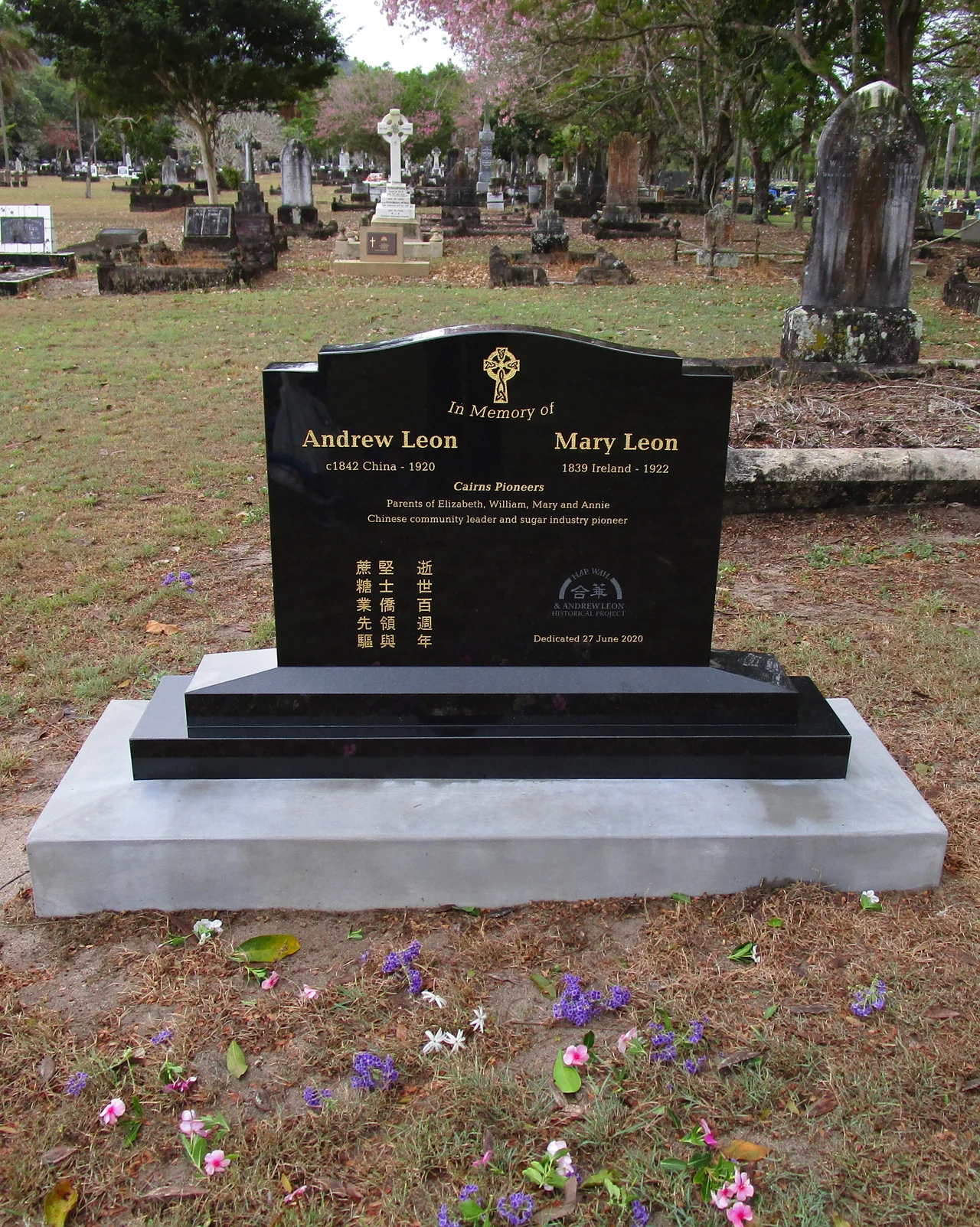 The Leon Memorial headstone was installed to commemorate the 100th anniversary of Andrew Leon's death on 27 June 1920. His wife Mary died on 22 June 1922. Leon pioneered the Cairns area sugar industry with the Hap Wah plantation (1878-1886) and was a leader of Cairns early Chinese community from the 1870s into the 1890s. The Chinese writing translates as "Centenary anniversity of death, Cairns Chinese community leader and cane sugar industry pioneer"