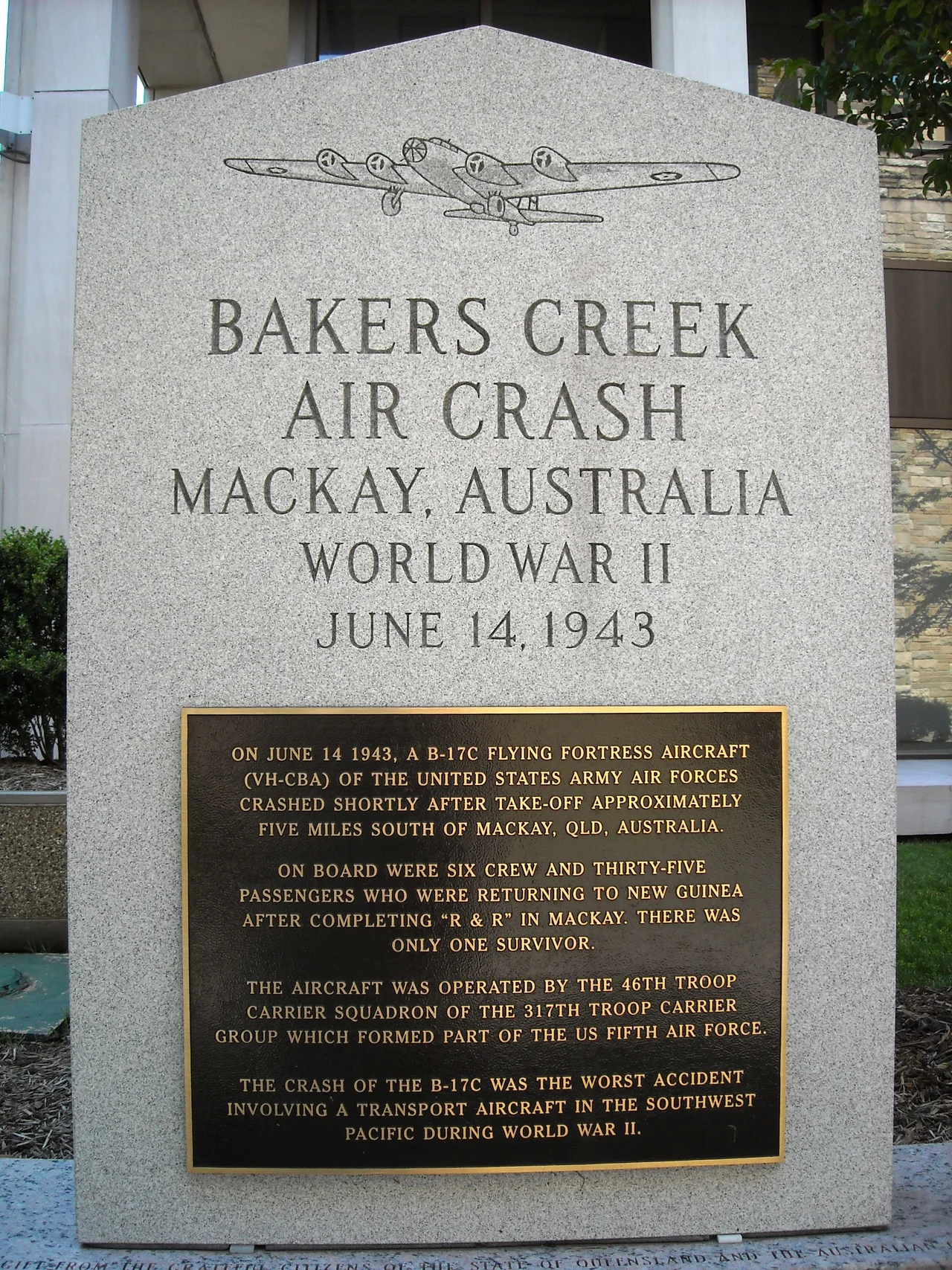 Bakers Creek Air Crash memorial located at the Embassy of Australia in Washington, D.C.