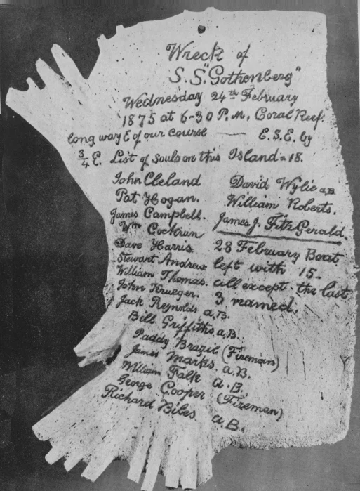 Creator unknown. Black & white photo held by the South Australia Museum records. The turtle shell was engraved by the 18 survivors of the SS Gothenburg who managed to reach Holbourne Island on two lifeboats in February 1875. It is believed, although not certain, that the photograph was taken by the Adelaide School of Photography in July 1875. Free of copyright restriction. The actual turtle shell was presented to the South Australia Museum in 1932 by Mr W.D. Cleland, brother of John Cleland, one of the survivors.