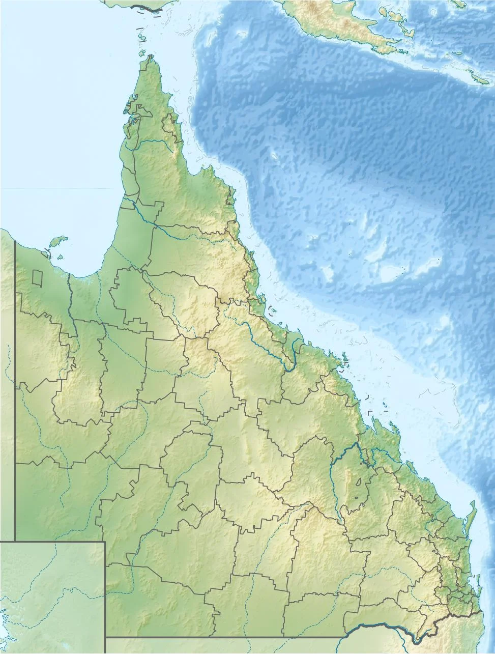 Location map of Queensland, Australia
Equirectangular projection, N/S stretching 106 %. Geographic limits of the map:
N: 9.0° S
S: 29.5° S
W: 137.5° E
E: 154.0° E
Borders and Reefs from the other map by NNW.