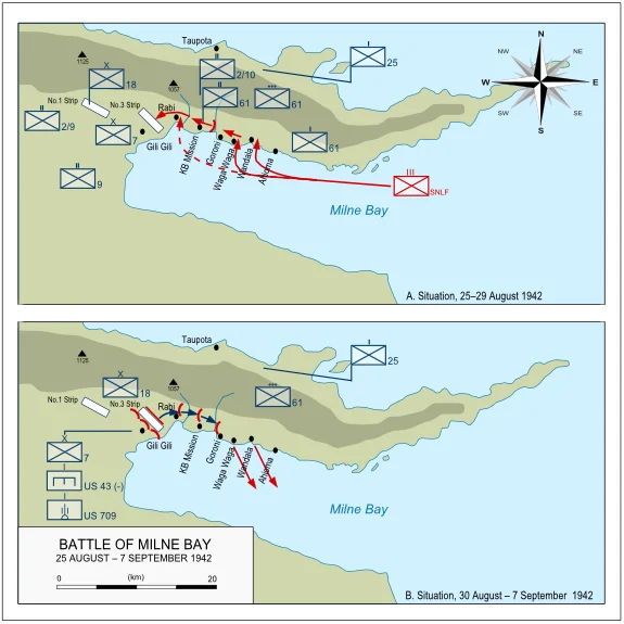 Map illustrating the Battle of Milne Bay, which took place 25 August – 7 September 1942.