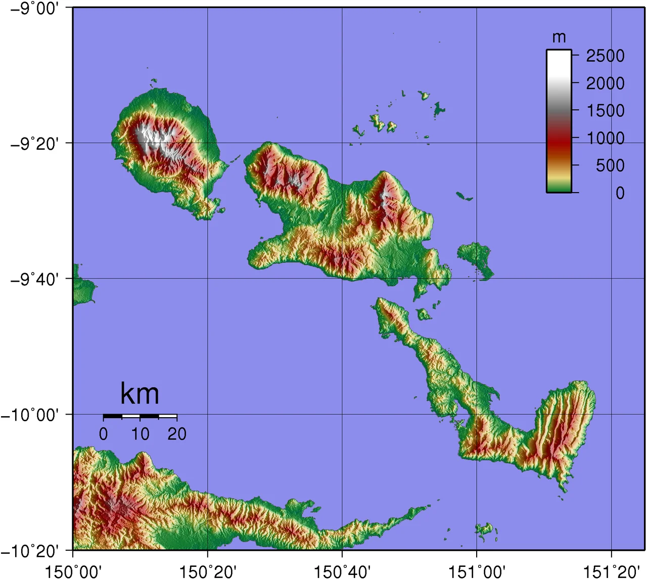 Topographic map of D'Entrecasteaux Islands in Papua New Guinea.