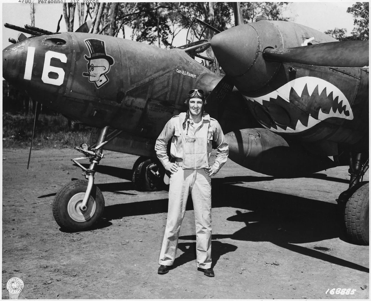 Scope and content: One of the U.S. Army Air Force Aces is Captain Robert L. Faurot, of Cape Girardeau, Mo. who has shot down two Japanese Zeros. New Guinea.
General notes: Capt. Robert L. Faurot served with the 39th Fighter Squadron and was shot down by Japanese A6M fighters during the Battle of the Bismarck Sea on 3 March 1943.