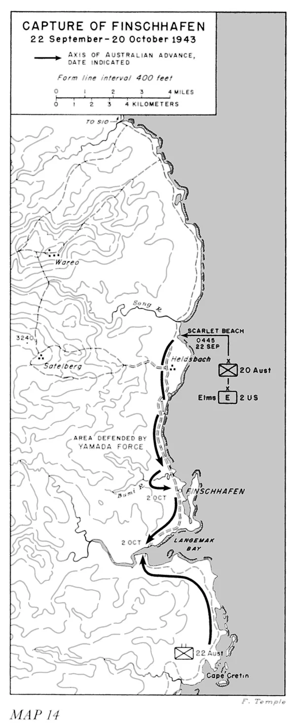 Map showing the Australian advance on Finschhafen in Sep-Oct 1943