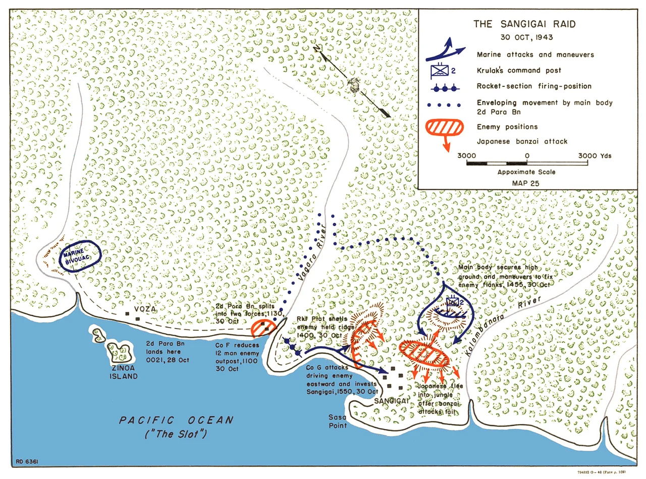 Map depicting fighting around Sangigai on Choiseul, 30 October 1943